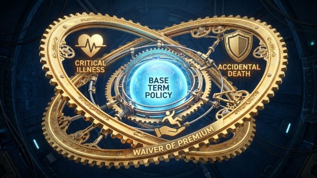 सर्वोत्तम टर्म इन्शुरन्स २०२६ बेस पॉलिसीसोबत अतिरिक्त सुरक्षा देणारे क्रिटिकल इलनेस आणि वेव्हर ऑफ प्रीमियम रायडर्सचे प्रतीकात्मक स्वरूप.