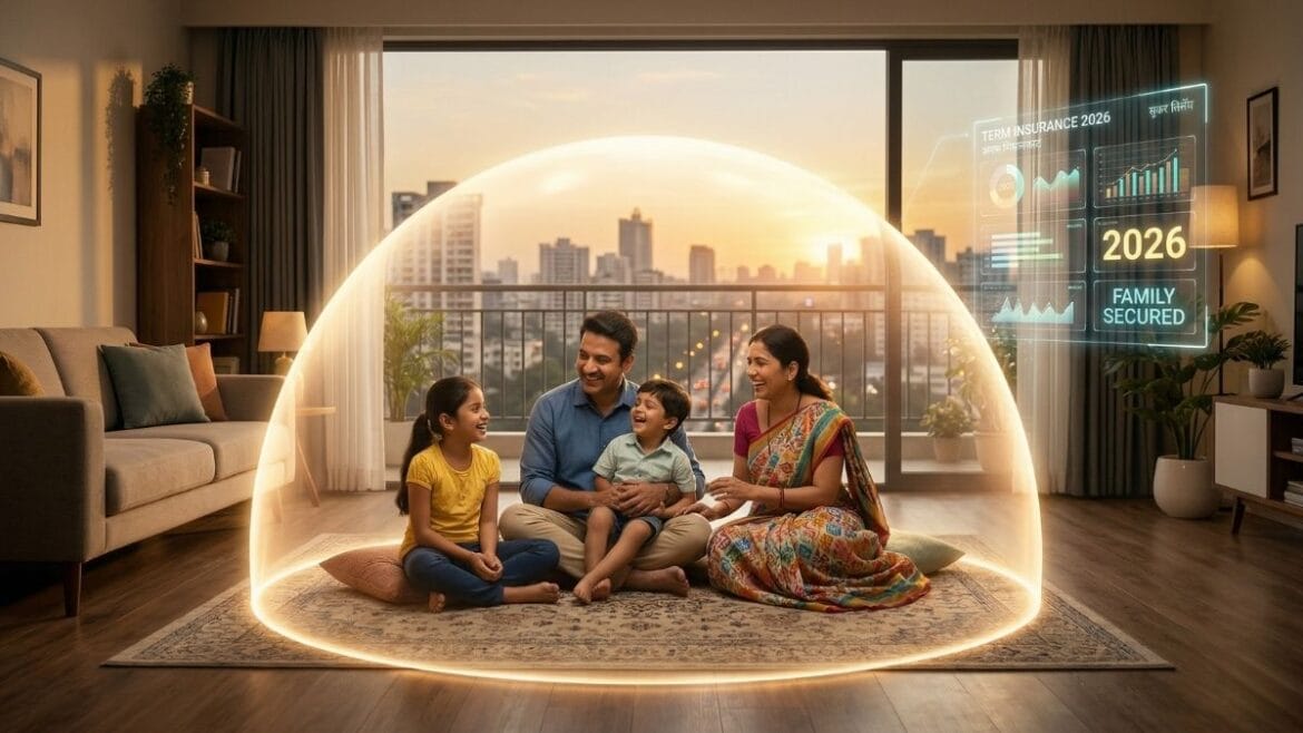 २०२६ मध्ये सर्वोत्तम टर्म इन्शुरन्स २०२६ च्या डिजिटल सुरक्षा कवचाखाली सुरक्षित असलेले एक सुखी भारतीय कुटुंब.