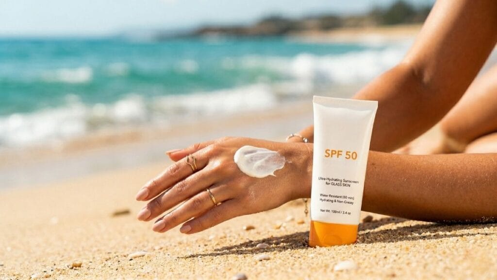 सूर्याच्या किरणांपासून संरक्षण करण्यासाठी आणि कोरियन ग्लास स्किन (Korean Glass Skin) टिकवण्यासाठी SPF 50 सनस्क्रीन.
