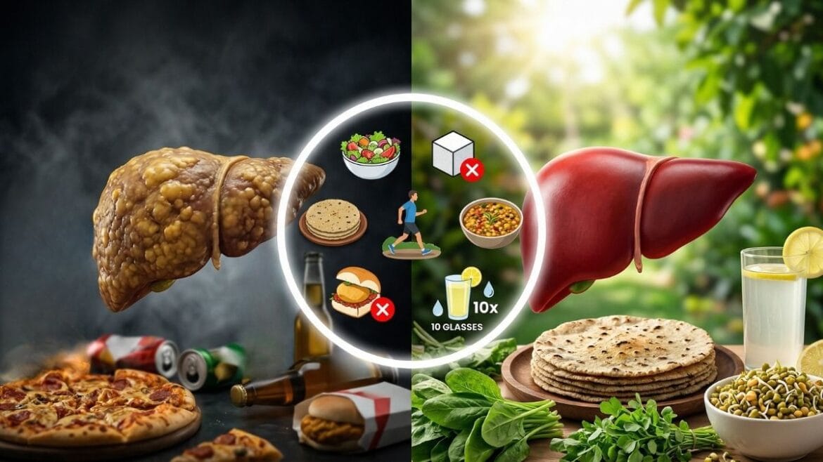 फॅटी लिव्हर रिव्हर्सल डाएट: आजारी यकृताला पुन्हा निरोगी करणारे ७ सोपे उपाय दर्शवणारे चित्र.