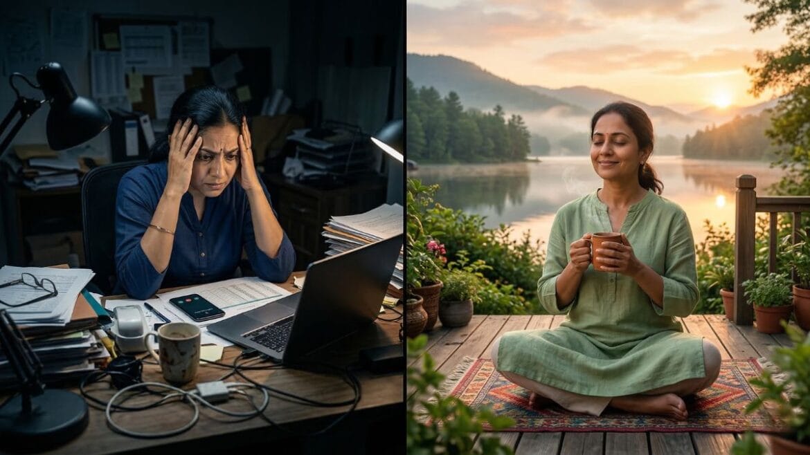 तणावपूर्ण जीवन आणि मानसिक शांतता मिळवण्याचे उपाय यातील फरक दर्शवणारे स्प्लिट चित्र