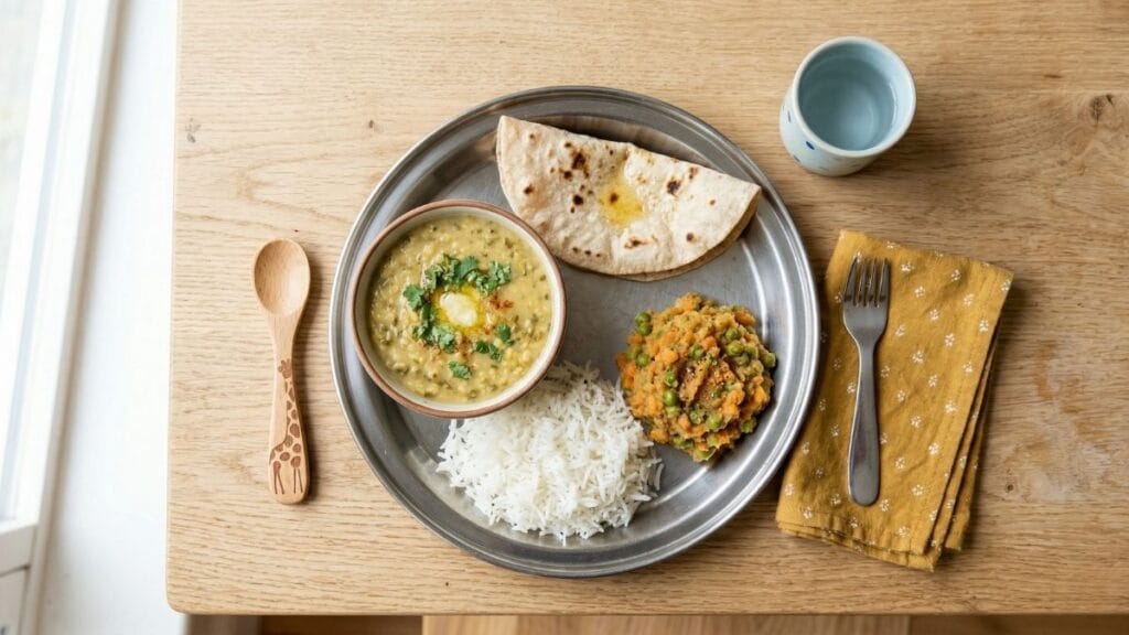 लहान मुलांसाठी एक पौष्टिक ताट, जे पालकांना मुलांसाठी संतुलित आहार तक्ता समजण्यास मदत करते.