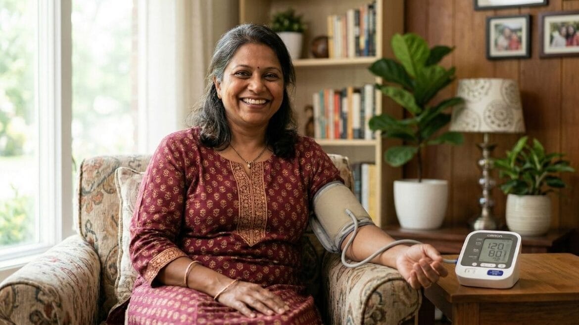 उच्च रक्तदाब घरगुती उपाय: एक निरोगी व्यक्ती बीपी मीटर निरोगी दाखवताना.