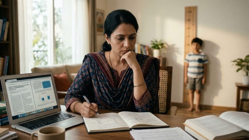 एक भारतीय आई विचारमग्न होऊन मुलाच्या उंचीच्या वाढीबद्दल काळजी करताना, ग्रोथ चार्ट आणि रिसर्च - मुलांची उंची वाढवण्यासाठी उपाय