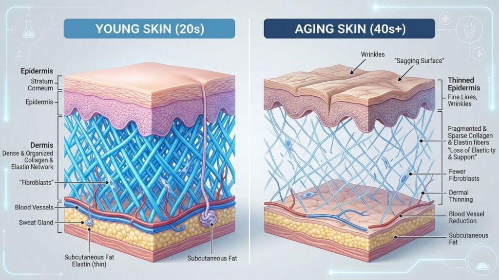 हेल्दी स्किन बॅरियर आणि कोलेजन दर्शवणारे वैज्ञानिक अँटी-एजिंग स्किनकेअर रुटीन.