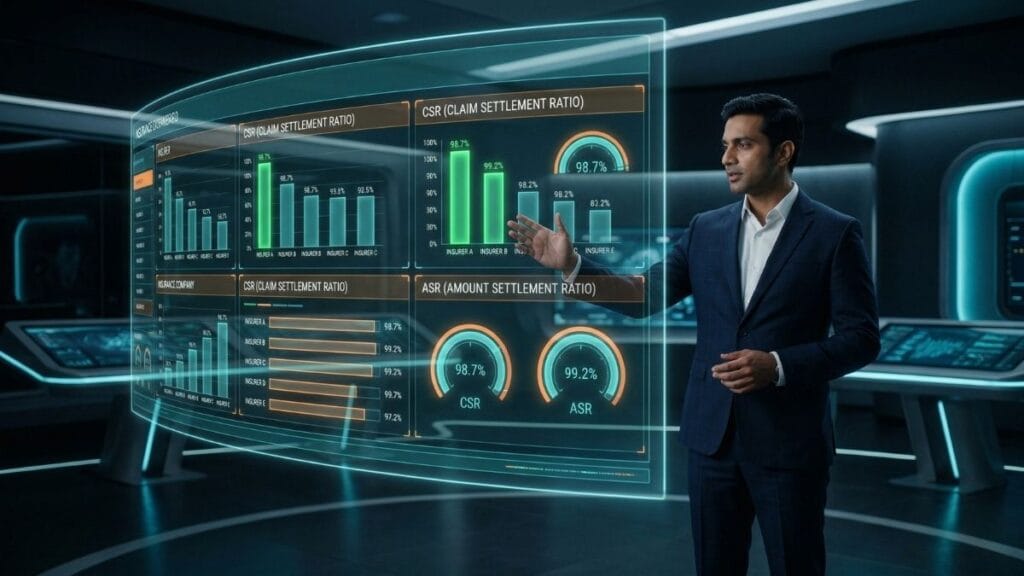 क्लेम सेटलमेंट रेशो (CSR) आणि अमाउंट सेटलमेंट रेशो (ASR) च्या आधारे वेगवेगळ्या कंपन्यांच्या सर्वोत्तम टर्म इन्शुरन्स २०२६ प्लॅन्सची तुलना करणारे डॅशबोर्ड.