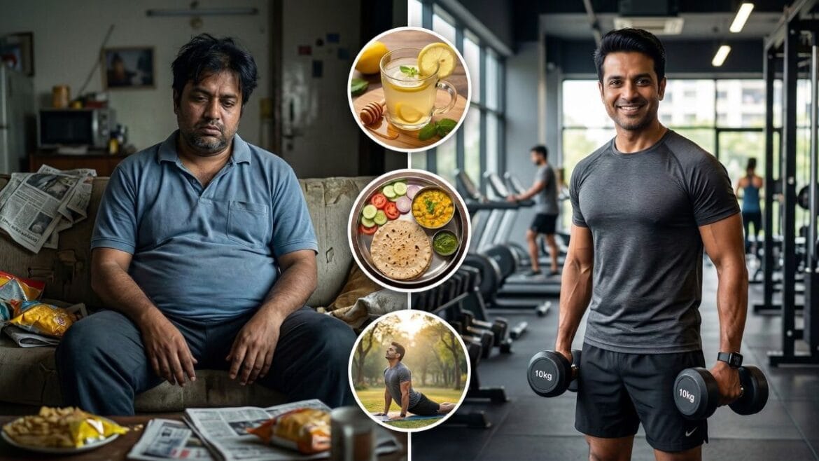 वजन कमी करण्याचे उपाय' आणि प्रभावी घरगुती पद्धती दर्शवणारी ट्रान्सफॉर्मेशन इमेज.