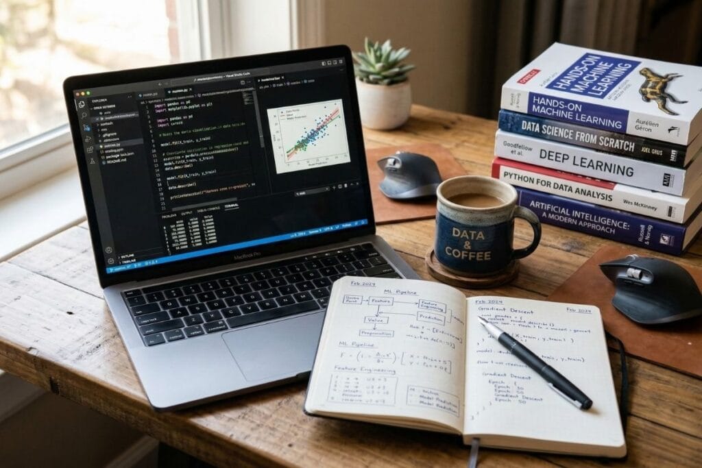 डेटा सायन्स आणि एआय शिक्षण दर्शवणारी टेबल रचना, ai मुळे टिकणाऱ्या नोकऱ्या साठी आवश्यक टूल्स आणि कोर्सेस.