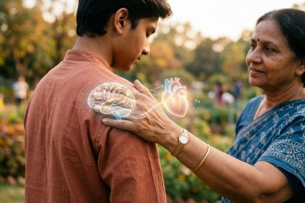 भावनिक बुद्धिमत्ता आणि सहानुभूती दर्शवणारा हात, ai मुळे टिकणाऱ्या नोकऱ्या साठी आवश्यक कौशल्य.