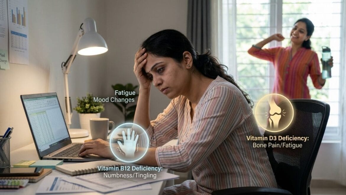 व्हिटॅमिन B12 आणि D3 कमतरता (Vitamin B12 & D3 Deficiency) दर्शवणारी दमलेली महिला आणि निरोगी आयुष्याची संकल्पना