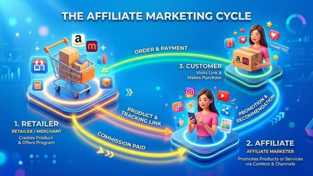 अॅफिलिएट मार्केटिंगने पैसे कसे कमवायचे याची प्रक्रिया समजवणारा ३डी संकल्पना तक्ता (Diagram).