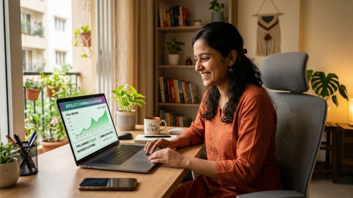 घरबसल्या लॅपटॉपवर काम करून अॅफिलिएट मार्केटिंगने पैसे कसे कमवायचे याचे प्रात्यक्षिक दाखवणारी भारतीय महिला.