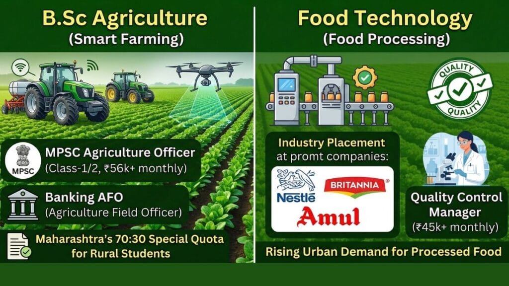 Infographic on Agriculture and Food Technology PCB career options in Maharashtra, showcasing government jobs and the 70:30 quota policy.