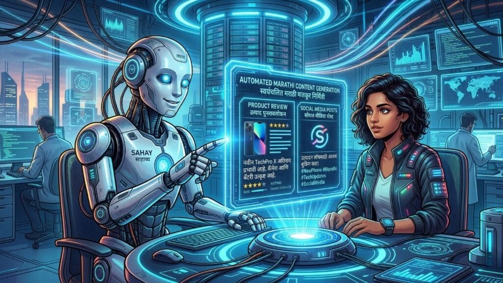 एआय (AI) टूल्स आणि ऑटोमेशनचा वापर करून अॅफिलिएट मार्केटिंगने पैसे कसे कमवायचे याचे भविष्यवादी चित्र.