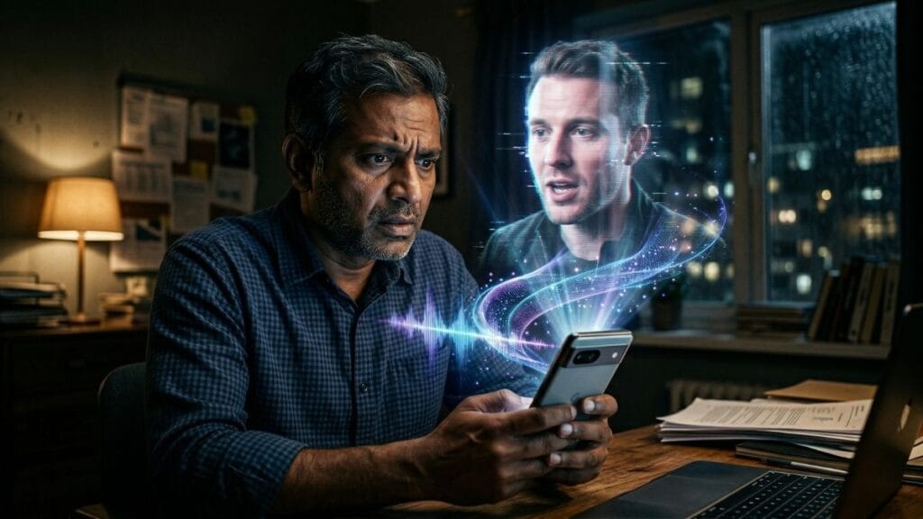 एआय व्हॉईस क्लोनिंग आणि डीपफेक स्कॅमचे दृश्यात्मक सादरीकरण आणि त्यापासून वाचण्यासाठी आवश्यक युपीआय फसवणूक उपाय.