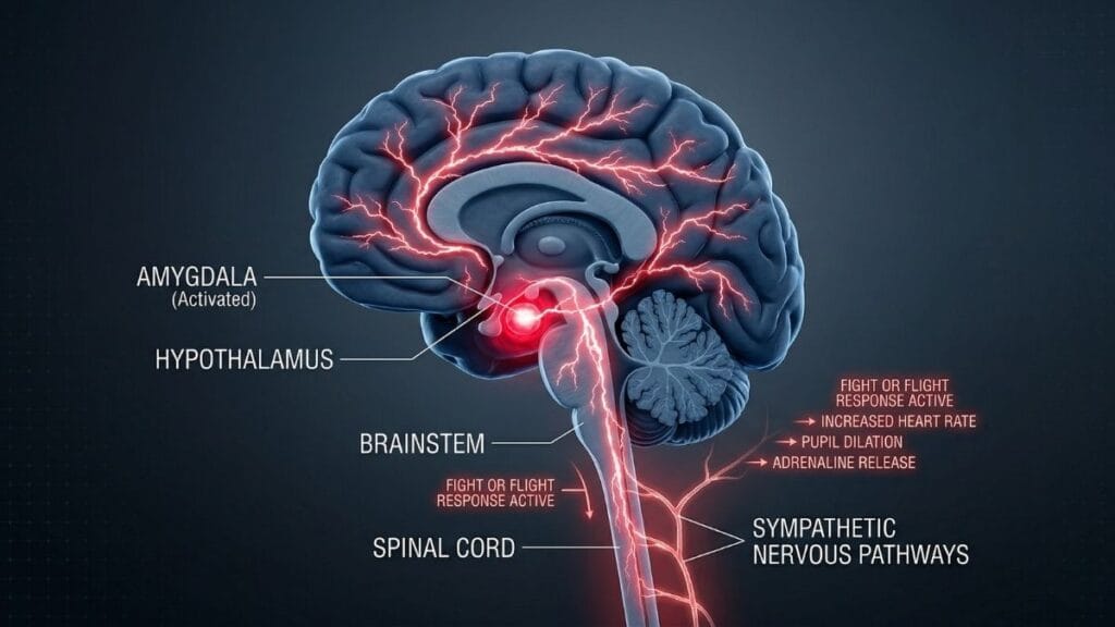 मानवी मेंदूतील 'फाईट ऑर फ्लाईट' रिस्पॉन्स सक्रिय झालेली स्थिती; चिंता आणि अस्वस्थता (Anxiety) लक्षणे व उपाय समजून घेण्यासाठी आकृती.