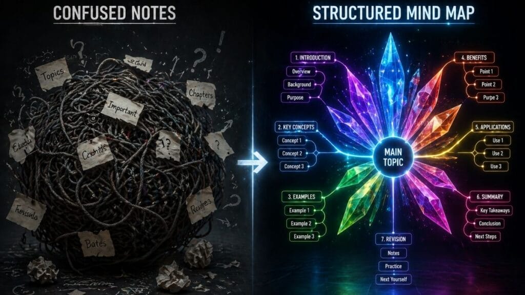 गोंधळलेल्या नोट्स आणि सुस्पष्ट माइंड मॅप(Mind Map) यातील तांत्रिक फरक स्पष्ट करणारी प्रतिमा.