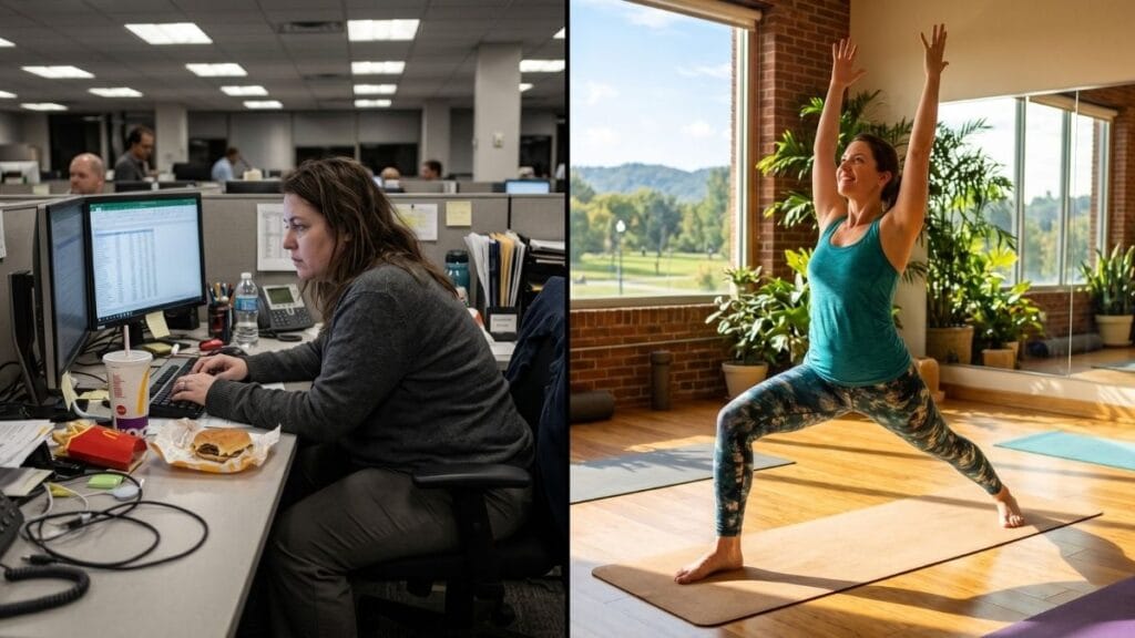 पोटाची चरबी कमी करण्यासाठी योगासन (Yoga to Lose Belly Fat) - बैठी जीवनशैलीमुळे वाढलेली पोटाची चरबी आणि योगासनांचे फायदे यांचा तुलनात्मक फोटो.