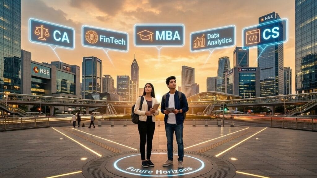 १२ वी कॉमर्स नंतर करिअर निवडण्यासाठी योग्य मार्गदर्शन आणि विविध संधी दर्शवणारे चित्र.