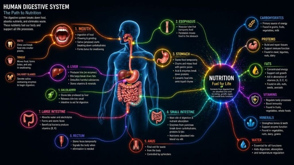 विज्ञानातील मानवी पचन संस्थेचा सविस्तर आणि रंगीत माइंड मॅप(Mind Map) चार्ट.