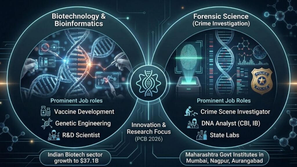 Infographic illustrating modern life sciences PCB career options in Biotechnology and Forensic Science, including job roles in CBI and R&D labs.