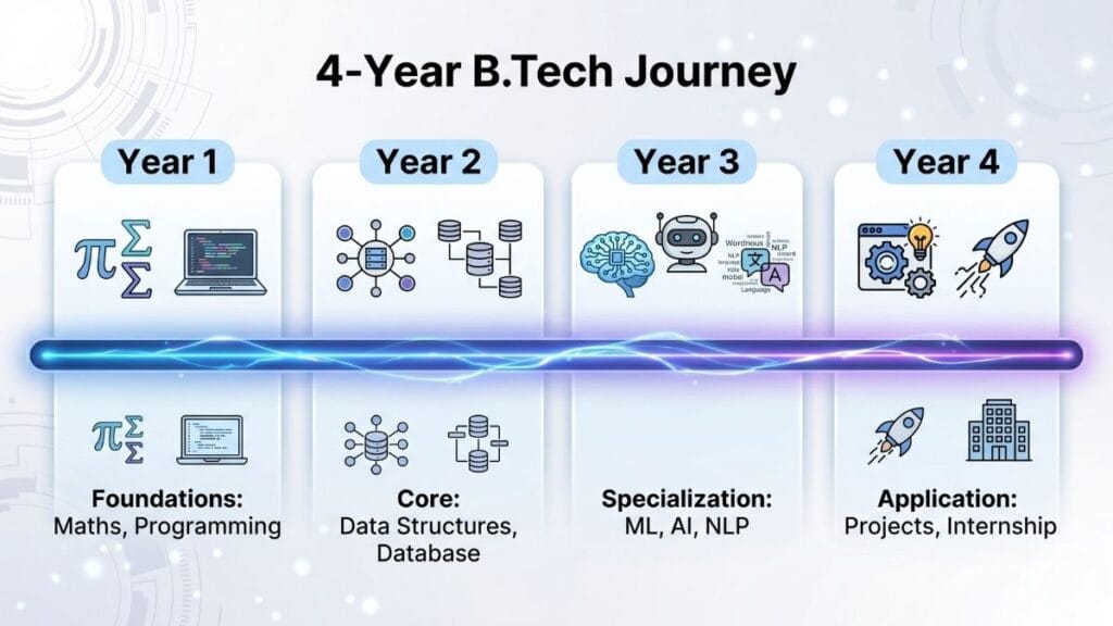 A four-year academic timeline showing the key subjects and focus areas in a Data Science and AI engineering degree.