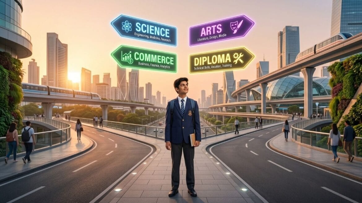 १० वी नंतर करिअर पर्याय (Career options after 10th) शोधणारा भारतीय विद्यार्थी आणि भविष्यातील संधी.