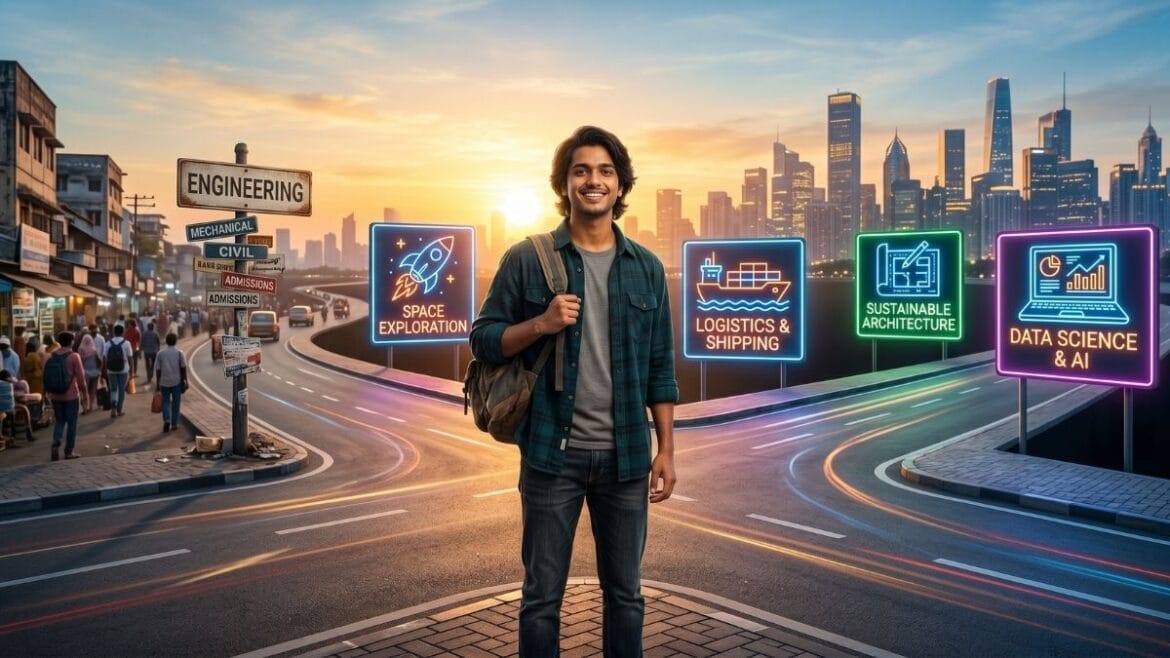 १२वी PCM नंतर करिअर पर्याय (PCM Career Options After 12th) शोधणारा आनंदी विद्यार्थी आणि त्याच्यासमोरील विविध यशस्वी क्षेत्रांच्या संधी.