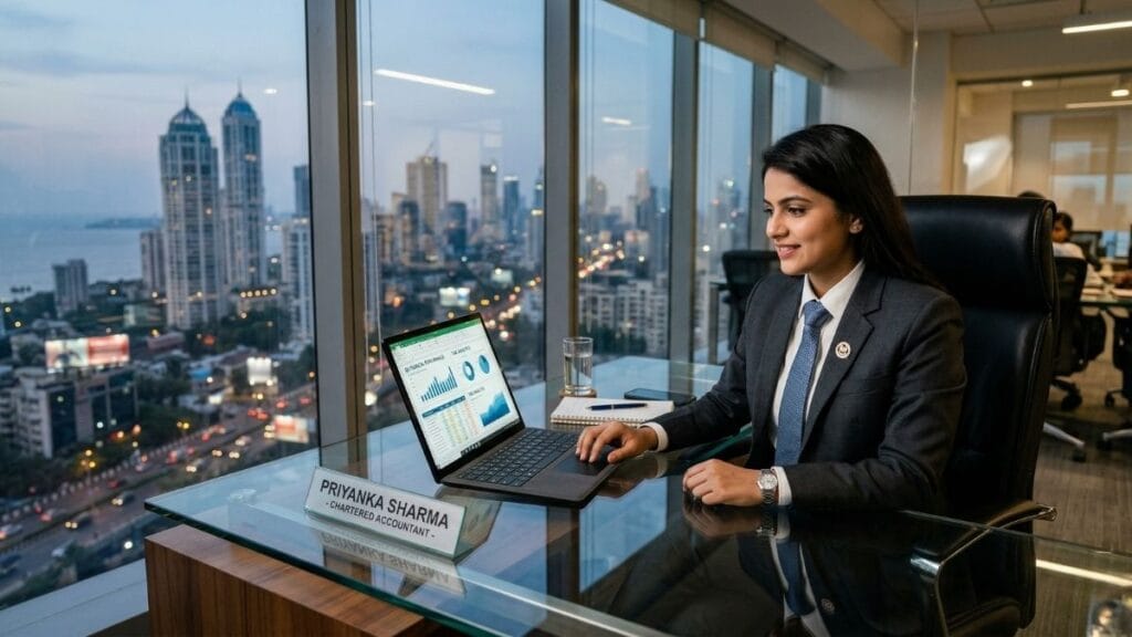 यशस्वी चार्टर्ड अकाउंटंट (सीए) म्हणून १२ वी कॉमर्स नंतर करिअर कसं घडवावं हे दर्शवणारा तरुण व्यावसायिक.