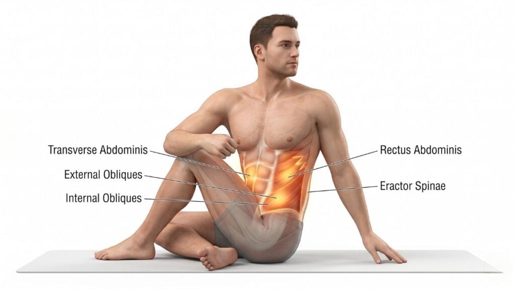 पोटाची चरबी कमी करण्यासाठी योगासन (Yoga to Lose Belly Fat) - योगासनांमुळे पोटाचे अंतर्गत स्नायू (Core Muscles) कसे सक्रिय होतात हे दाखवणारी आकृती.