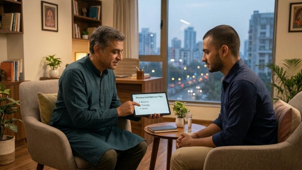 मानसिक आरोग्य तज्ज्ञ (Psychiatrist) कडून नैराश्य (Depression) लक्षणे आणि उपचार यावर थेरपी घेणारा रुग्ण.