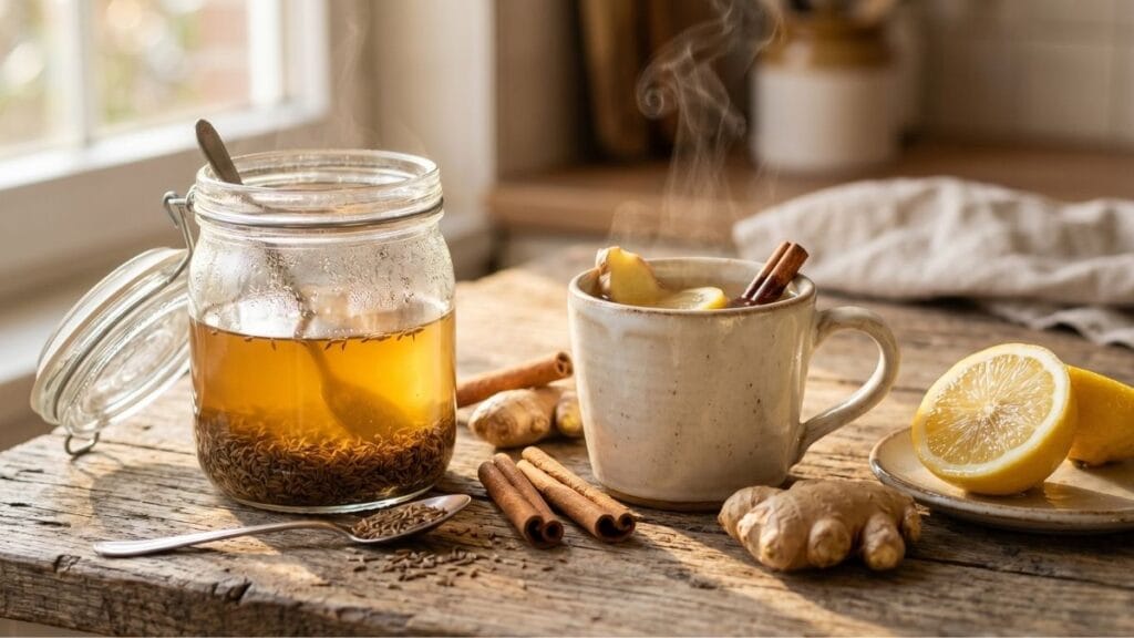 पोटावरील चरबी नैसर्गिकरित्या कमी करण्यासाठी घरगुती उपाय (Home remedies to reduce belly fat naturally) डिटॉक्स पेये: जिरे पाणी आणि कोमट पाणी.