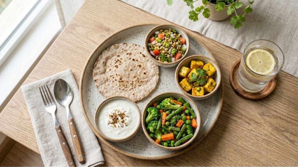 पोटावरील चरबी नैसर्गिकरित्या कमी करण्यासाठी घरगुती उपाय आहार तक्ता (Home remedies to reduce belly fat naturally): प्रथिने आणि फायबरयुक्त भारतीय जेवण.