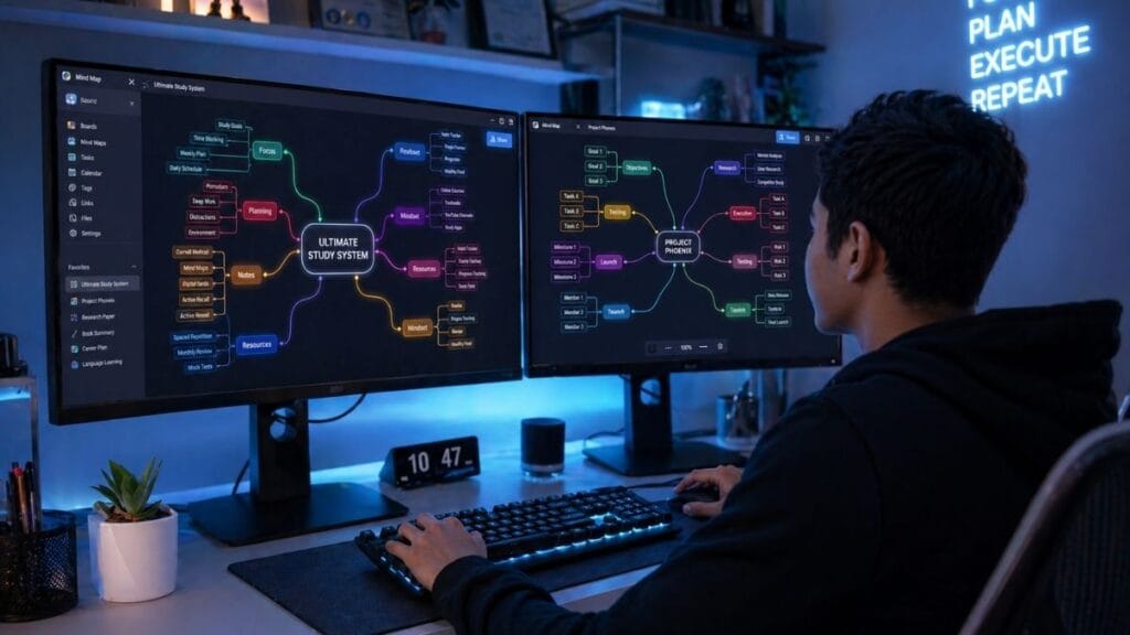 पीसी आणि मोबाईलवर डिजिटल माइंड मॅप(Mind Map) तयार करणारा विद्यार्थी.