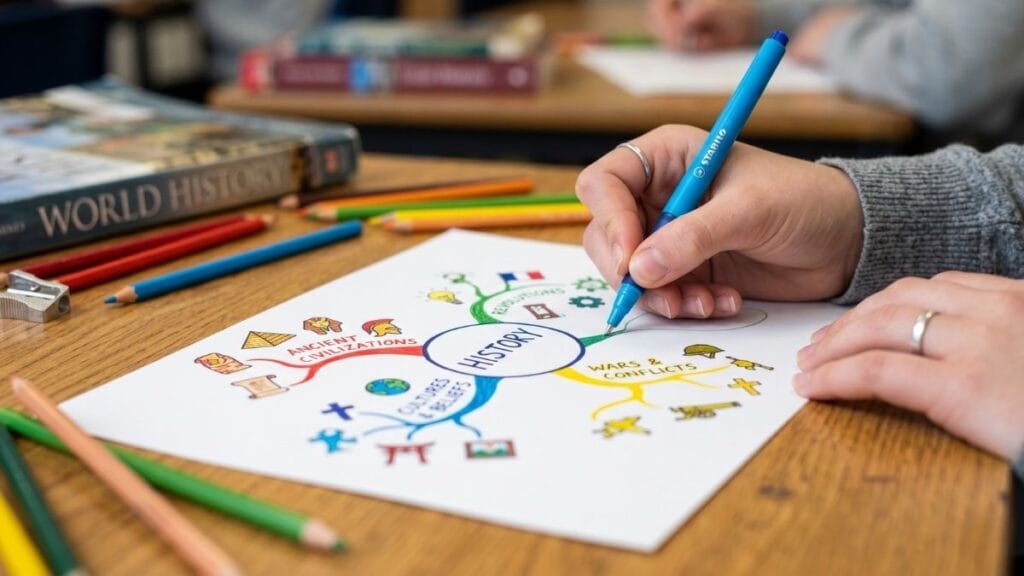 कागद आणि रंगीत पेन वापरून अभ्यासासाठी प्रत्यक्ष माइंड मॅप(Mind Map) तयार करणारा विद्यार्थी.