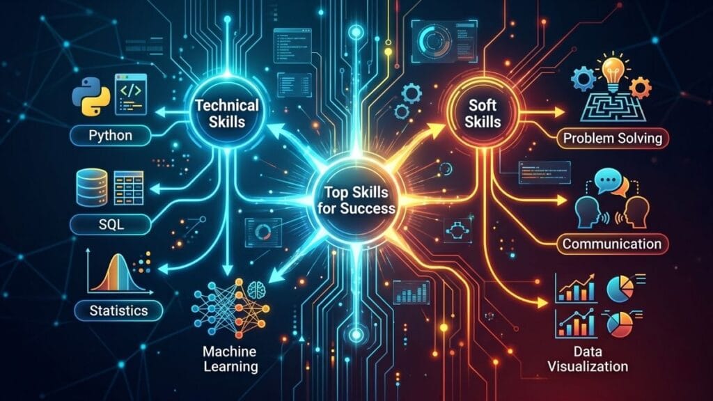 A comprehensive infographic mapping the essential technical and soft skills required for a successful career in Data Science and AI.