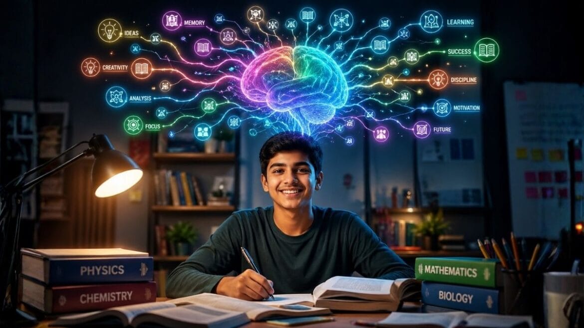 माइंड मॅप(Mind Map) वापरून अभ्यासात यश मिळवणारा आत्मविश्वासू विद्यार्थी.