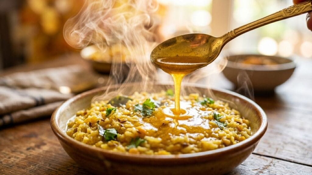 मुलांच्या खिचडीवर साजूक तूप टाकताना, मुलांचे वजन वाढवण्यासाठी आहार (Diet for kids weight gain) मधील महत्त्वाचा पदार्थ.