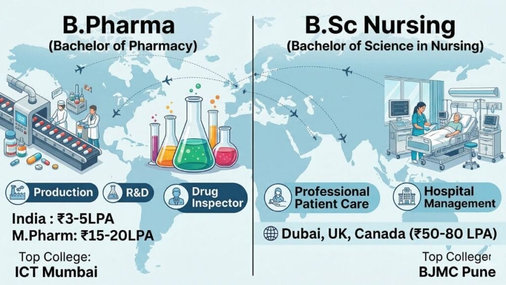 Infographic comparing Pharmacy and Nursing PCB career options, focusing on global job opportunities and top colleges in Maharashtra.