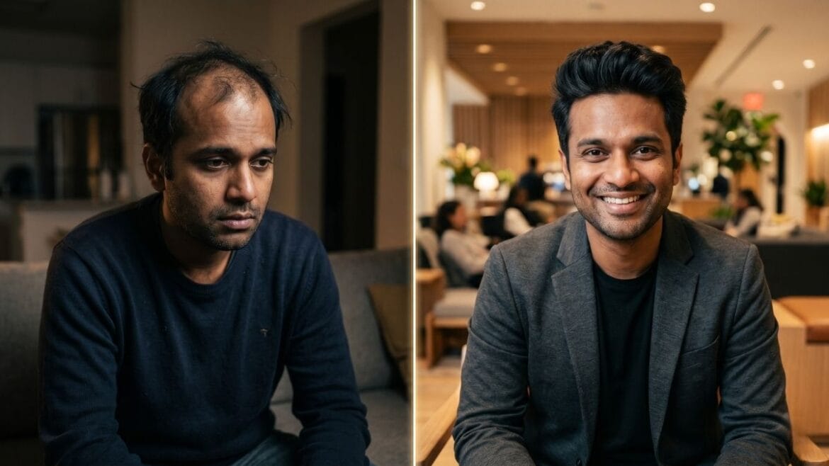 A side-by-side comparison of a person with bald spots and then with full, healthy hair after getting Case Study Case Study केस गळतीवर उपचार (Hair Loss Treatment).