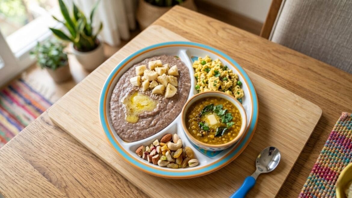 मुलांचे वजन वाढवण्यासाठी आहार (Diet for kids weight gain) असलेली पौष्टिक आणि संतुलित भारतीय थाळी.