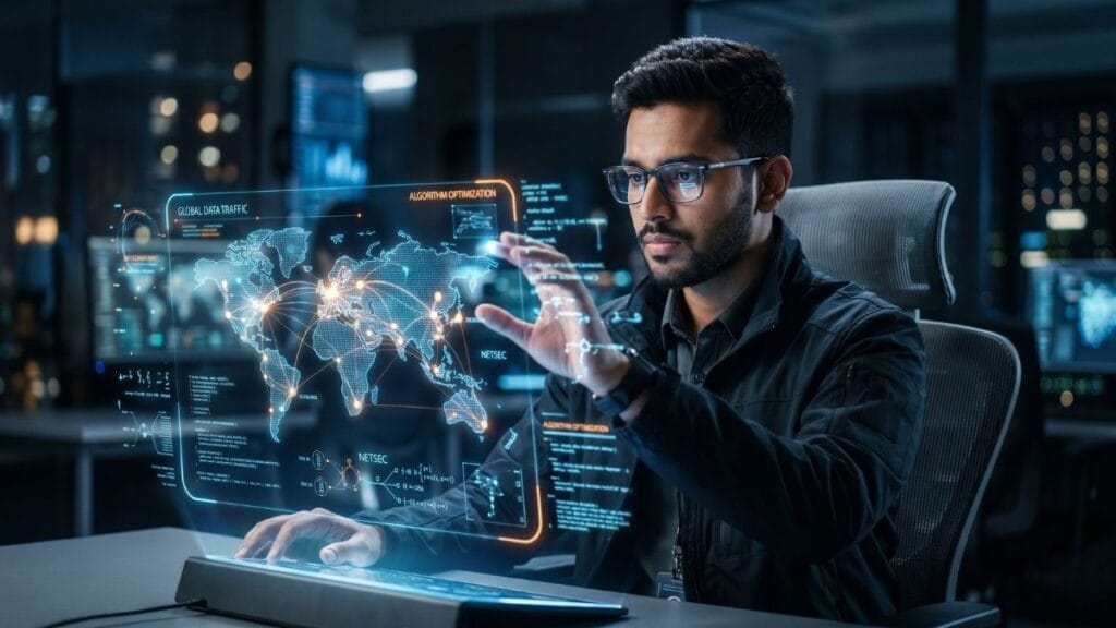 इंजिनिअरिंगशिवाय १२वी PCM नंतर करिअर पर्याय (PCM Career Options After 12th) म्हणून डेटा सायन्स निवडलेला युवक, आधुनिक तंत्रज्ञानावर काम करताना.