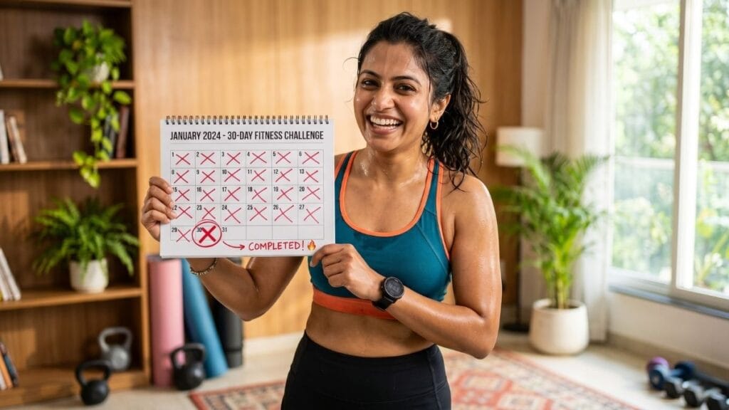 घरच्या घरी HIIT वर्कआउट (HIIT workout at home) चे ३० दिवसांचे चॅलेंज पूर्ण केल्यावर प्रगती मोजणारी महिला.