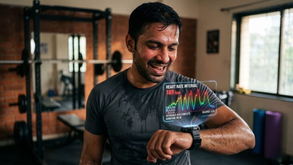 घरच्या घरी HIIT वर्कआउट (HIIT workout at home) नंतर स्मार्ट वॉचवर हृदयाचे ठोके आणि कॅलरीज तपासणारा व्यक्ती.