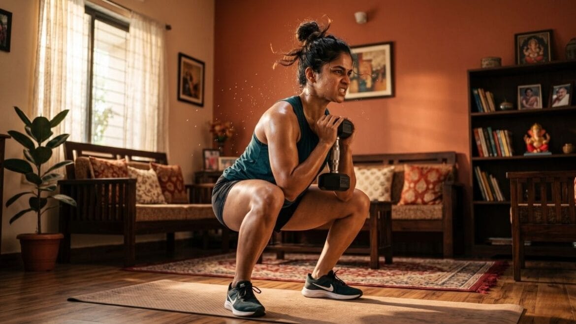 घरच्या घरी HIIT वर्कआउट (HIIT workout at home) करताना हाय जंप घेणारी महाराष्ट्रीयन महिला.
