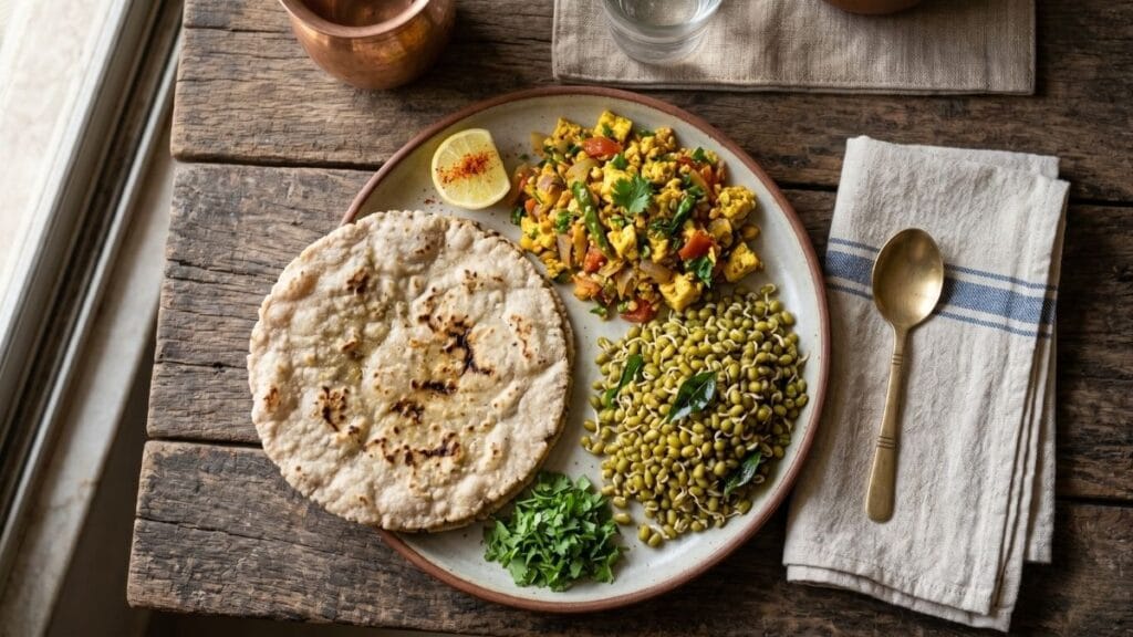 घरच्या घरी HIIT वर्कआउट (HIIT workout at home) करणाऱ्यांसाठी प्रोटीनयुक्त महाराष्ट्रीयन जेवण (भाकरी आणि पनीर).