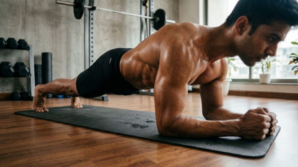 घरच्या घरी HIIT वर्कआउट (HIIT workout at home) मध्ये जिम न जाता शरीर पिळदार बनवण्यासाठी प्लँक व्यायाम करणारा पुरुष.