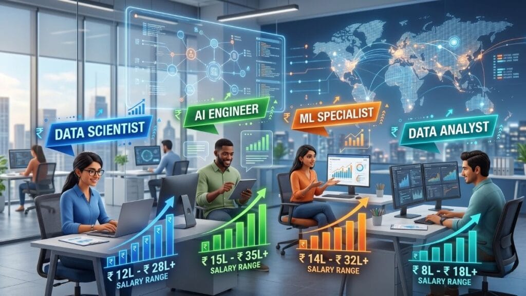 A motivating infographic illustrating various job roles and corresponding salary packages available in the Data Science and AI field in India.