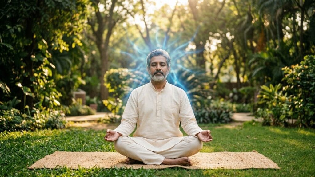 बागेत शांतपणे ध्यान करणारी व्यक्ती; चिंता आणि अस्वस्थता (Anxiety) लक्षणे व उपाय नैसर्गिकरीत्या करा.