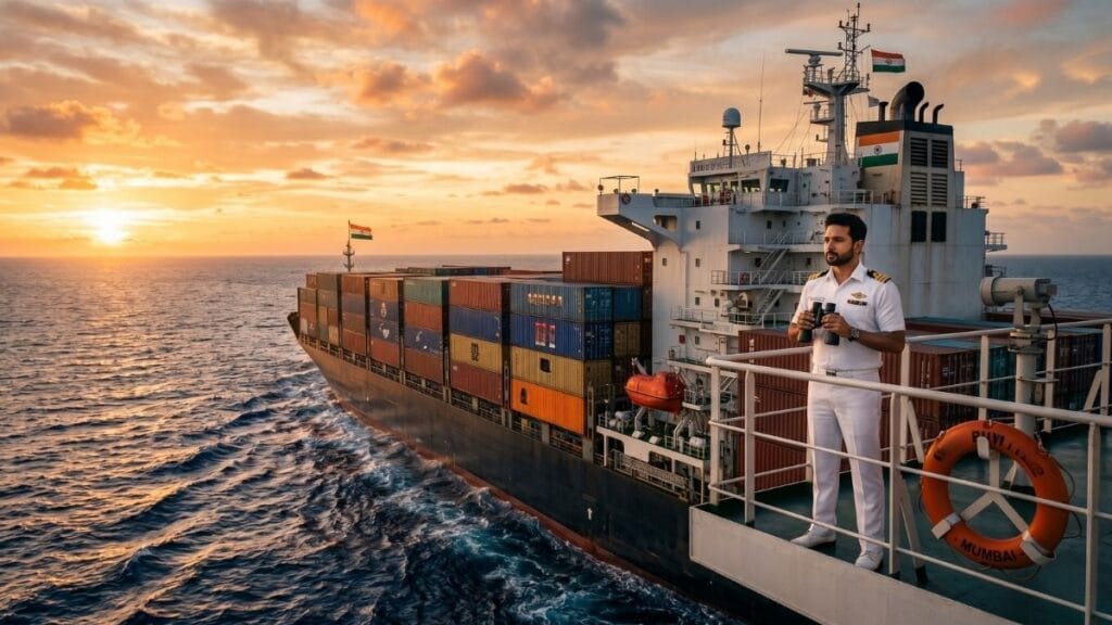 मर्चंट नेव्ही ऑफिसर म्हणून १२वी PCM नंतर करिअर पर्याय (PCM Career Options After 12th) निवडलेला अधिकारी जहाजावर कार्यरत असताना.